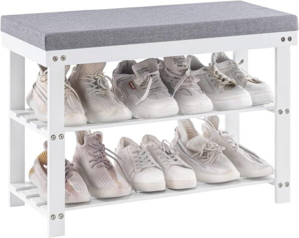 Apicizon Bamboo Shoe Rack for Entryway, 3-Tier Shoe Rack Bench for Front Indoor Entrance, Small Shoe Organizer with Storage, 35.4 Inches, Black