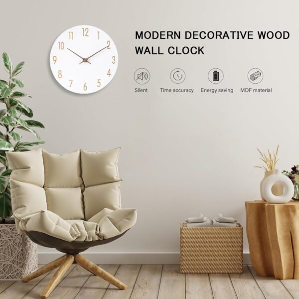 Wall Clocks Battery Operated, 12 Inch Silent Non Ticking Wood Modern Wall Clock, Quartz White and Gold Wall Clock Decorative for Living Room Decor Kitchen Bedroom Office Home