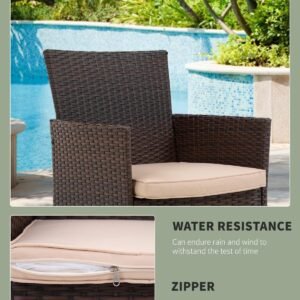 3 Piece Furniture Patio Chairs Wicker Outdoor Rattan Conversation Bistro Set for Backyard Porch Poolside Lawn (Brown)