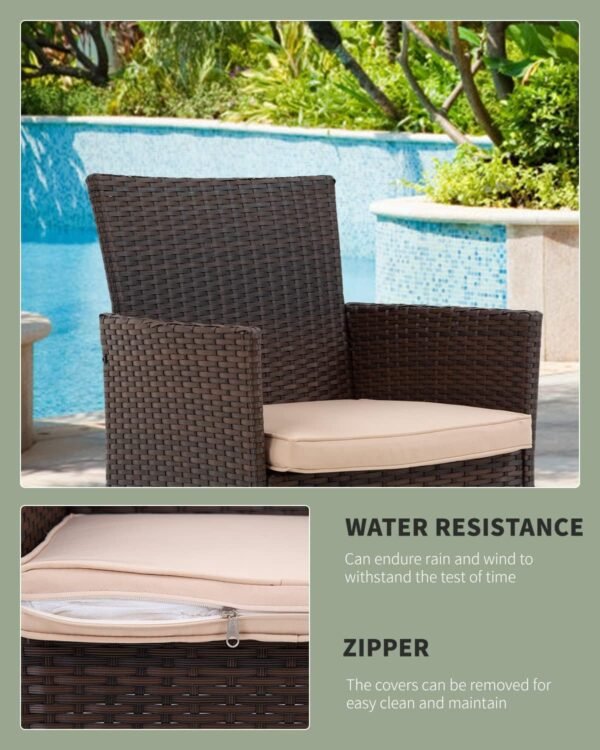 3 Piece Furniture Patio Chairs Wicker Outdoor Rattan Conversation Bistro Set for Backyard Porch Poolside Lawn (Brown)