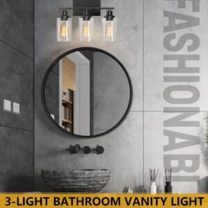 Bathroom Light Fixtures, 3-Light Bathroom Vanity Light, Matte Black Vanity Light with Clear Glass Shade, Modern Bathroom Lights Over Mirror, Vanity Lighting Fixtures for Bathroom, Living Room, Hallway