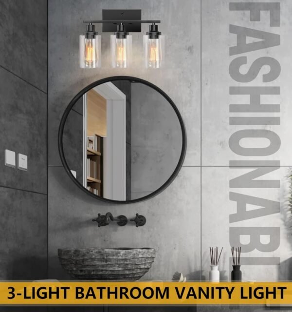 Bathroom Light Fixtures, 3-Light Bathroom Vanity Light, Matte Black Vanity Light with Clear Glass Shade, Modern Bathroom Lights Over Mirror, Vanity Lighting Fixtures for Bathroom, Living Room, Hallway