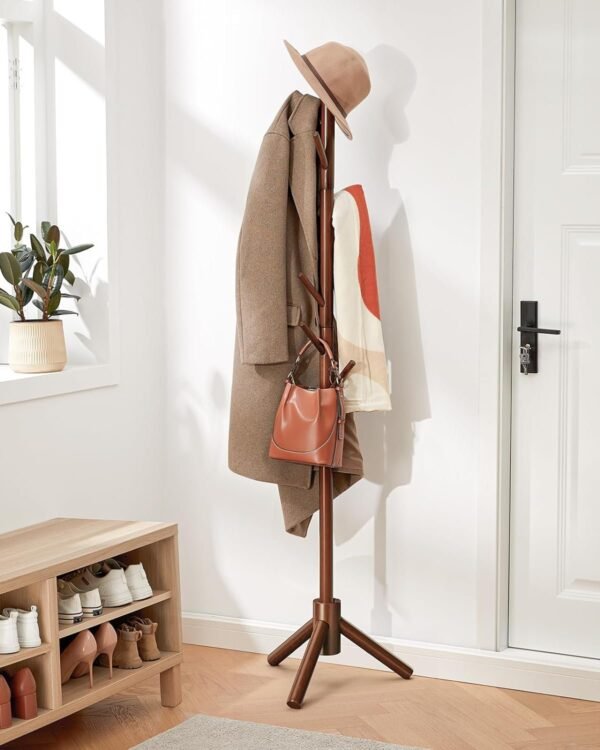 AMADA HOMEFURNISHING Coat Rack Stand, Wooden Coat Rack Freestanding with 8 Hooks, Coat Tree with 3 Height Configurations for Entryway, Hallway, Bedroom, Office, AMWCR01