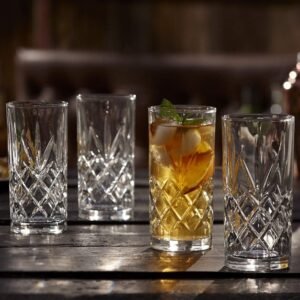 Royalty Art Kinsley Tall Highball Glasses Set of 8, 12 Ounce Cups, Textured Designer Glassware for Drinking Water, Beer, or Soda, Trendy and Elegant Dishware, Dishwasher Safe (Hiball)