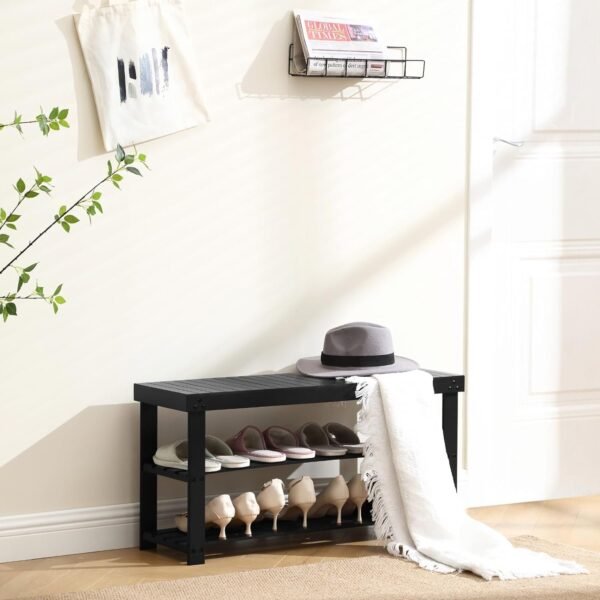 Apicizon Bamboo Shoe Rack for Entryway, 3-Tier Shoe Rack Bench for Front Indoor Entrance, Small Shoe Organizer with Storage, 35.4 Inches, Black