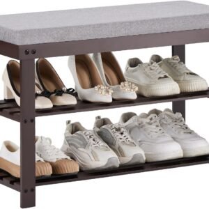 Apicizon Bamboo Shoe Rack for Entryway, 3-Tier Shoe Rack Bench for Front Indoor Entrance, Small Shoe Organizer with Storage, 35.4 Inches, Black