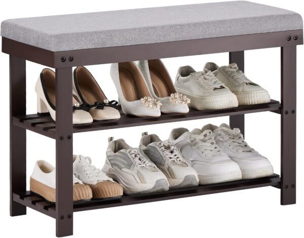 Apicizon Bamboo Shoe Rack for Entryway, 3-Tier Shoe Rack Bench for Front Indoor Entrance, Small Shoe Organizer with Storage, 35.4 Inches, Black