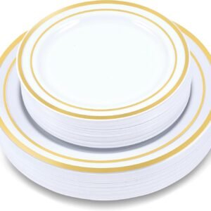 71du5IRFhXL._AC_SL1500.jpg 60-Piece Plastic Plates Set Premium 30 Dinner Plates & 30 Salad Plates Pack, Disposable Plates for Party - White Plastic Wedding Plates with Rose Gold Rim
