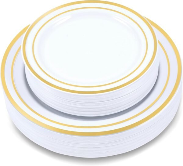 71du5IRFhXL._AC_SL1500.jpg 60-Piece Plastic Plates Set Premium 30 Dinner Plates & 30 Salad Plates Pack, Disposable Plates for Party - White Plastic Wedding Plates with Rose Gold Rim