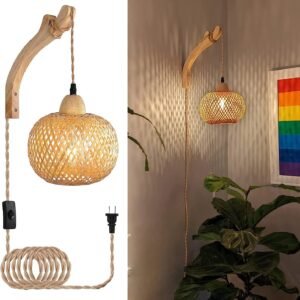 71e8RPuEgjL._AC_SL1500.jpg Frideko Bamboo Lantern Plug in Wall Sconces Wicker Wall Lamp with Plug in Cord Hand Woven Rattan Wall Light Farmhouse Rustic Wall Sconces Boho Sconces Wall Lighting for Living Room Bedroom