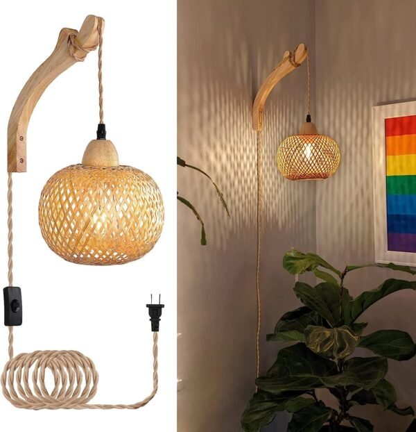 71e8RPuEgjL._AC_SL1500.jpg Frideko Bamboo Lantern Plug in Wall Sconces Wicker Wall Lamp with Plug in Cord Hand Woven Rattan Wall Light Farmhouse Rustic Wall Sconces Boho Sconces Wall Lighting for Living Room Bedroom