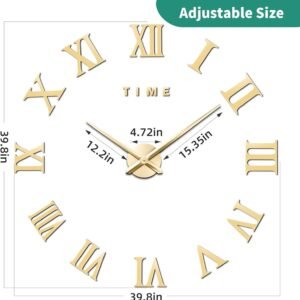 VREAONE Large 3D DIY Wall Clock, Giant Roman Numerals Clock Frameless Mirror Big Wall Clock Home Decoration for Home Living Room Bedroom Wall Decorations(Gold)