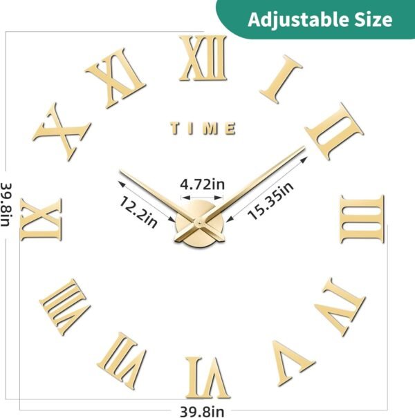 VREAONE Large 3D DIY Wall Clock, Giant Roman Numerals Clock Frameless Mirror Big Wall Clock Home Decoration for Home Living Room Bedroom Wall Decorations(Gold)
