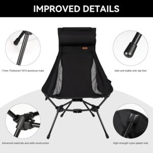 TOBTOS High Back Camping Chair, Lightweight Camping Chair with Headrest, Stable Portable Folding Chair for Outdoor Camp, Hiking, Backpacking(Black)