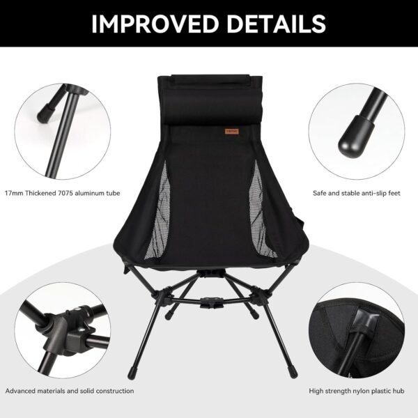 TOBTOS High Back Camping Chair, Lightweight Camping Chair with Headrest, Stable Portable Folding Chair for Outdoor Camp, Hiking, Backpacking(Black)