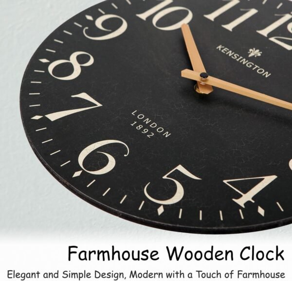 HOME Farmhouse Black Wall Clock - 12 Inch Quartz Battery Operated Vintage Wooden Decorative Silent Analog Clock for Kitchen, Living Room, Bedroom, Office