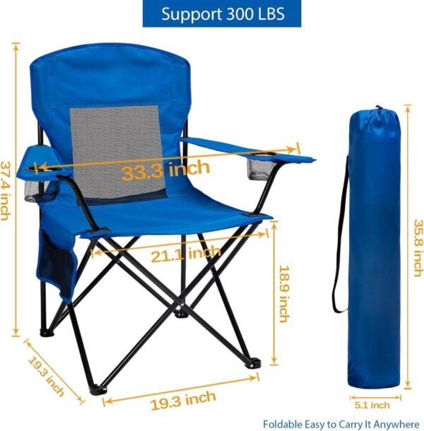 Portable Camping Chair Folding Quad Outdoor Lawn Chairs Cooling Mesh Back, Adjustable Arm Height, 2 Cup Holder, Side Pocket for Concert, Carry Bag for Sports Support 300lbs(Blue Mesh)