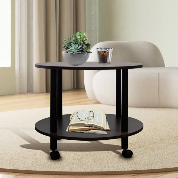 71f2nr1t5yL._AC_SL1500.jpg JIFULI Coffee Table with Rolling Base,Black Wooden End Table for Couch,2-Tier Coffee Tables for Living Room,Round