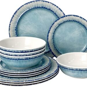 71f5No3fpVS._AC_SL1500.jpg AELS Melamine Dinnerware Set of 12 Pcs Dinner Dishes Set for Indoor and Outdoor Use, Dishwasher Safe, Lightweight Unbreakable, BPA Free, Light Blue