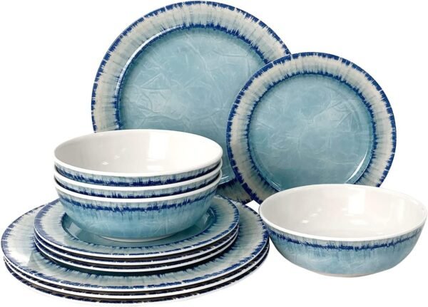 71f5No3fpVS._AC_SL1500.jpg AELS Melamine Dinnerware Set of 12 Pcs Dinner Dishes Set for Indoor and Outdoor Use, Dishwasher Safe, Lightweight Unbreakable, BPA Free, Light Blue