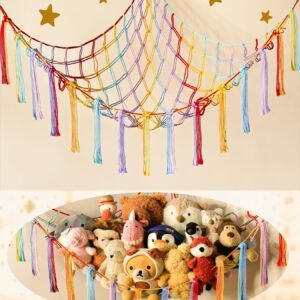 Large Stuffed Animal Hammock Corner Net for Toys Storage Hanging Stuff Animal Organizer Holder Pink Girls Living Room Bedroom Boho Nursery Dorm Decor