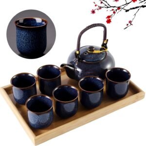 Dujust Japanese White Porcelain Tea Set with 1 Teapot Set, 6 Tea Cups, 1 Tea Tray, 1 Stainless Infuser, Cute Asian Tea Set for Tea Lover/Women/Men (Plum in Golden)