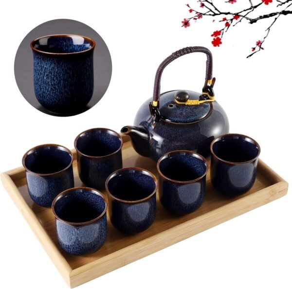 Dujust Japanese White Porcelain Tea Set with 1 Teapot Set, 6 Tea Cups, 1 Tea Tray, 1 Stainless Infuser, Cute Asian Tea Set for Tea Lover/Women/Men (Plum in Golden)