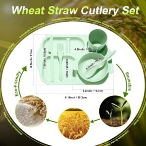 24 Pcs Wheat Straw Dinnerware Cutlery Sets, Kids Toddlers Divided Plates Unbreakable Bowl Microwave Dishwasher Safe Tableware Cutlery Spoon Knife Fork Cup (Orange, Yellow, Beige, Green)