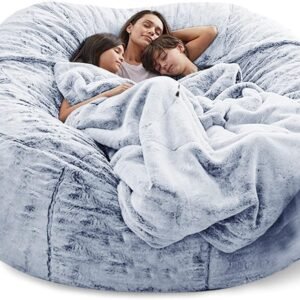71feLCegR2L._AC_SL1500.jpg Giant Fur Bean Bag Chair Cover for Kids Adults, (No Filler) Living Room Furniture Big Round Soft Fluffy Faux Fur Beanbag Lazy Sofa Bed Cover (Light Grey, 5FT)