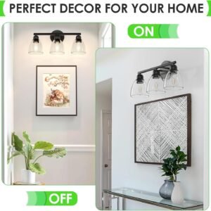 FOLKSMATE 3-Light Bathroom Light Fixtures, Matte Black Modern Vanity Lights, Sconces Wall Lighting with Clear Glass Shade, Wall Mount Lights Wall Lamp