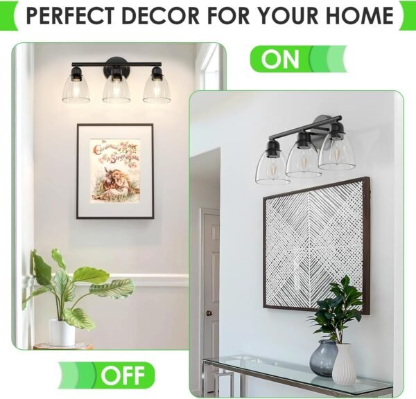 FOLKSMATE 3-Light Bathroom Light Fixtures, Matte Black Modern Vanity Lights, Sconces Wall Lighting with Clear Glass Shade, Wall Mount Lights Wall Lamp