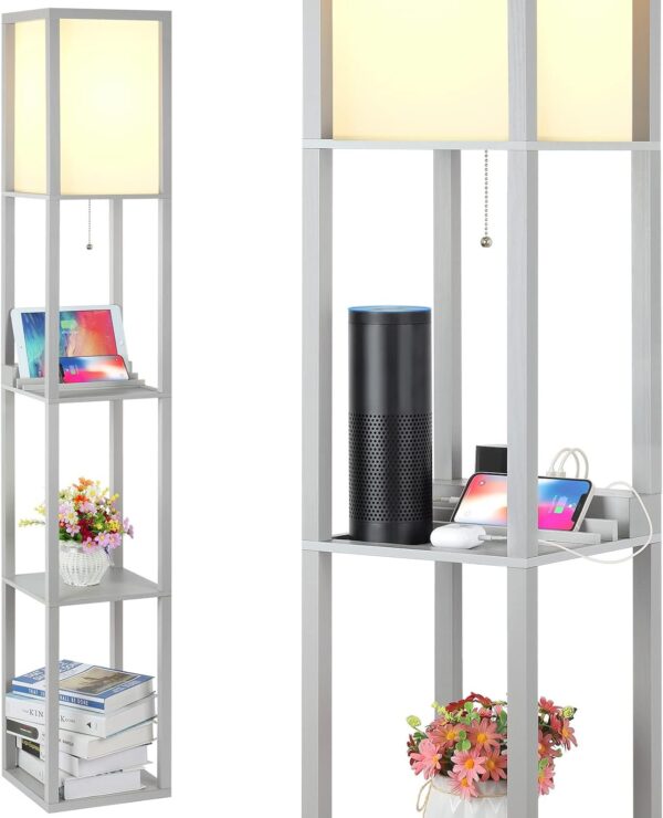 SHINE HAI 3-in-1 Shelf Floor Lamp with 1 USB&Type C&1 AC Outlet, 3-Tiered LED Shelf Lamp, Shelf & Storage Floor Lamp Combination Modern Standing Light