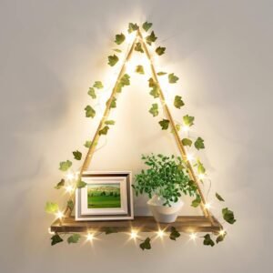 RICHER HOUSE Artificial Ivy LED-Strip Wall Hanging Shelves Set of 2, Macrame Shelf for Bedroom Bathroom Living Room Kitchen, Wood Hanging Plant Shelves for Wall Décor