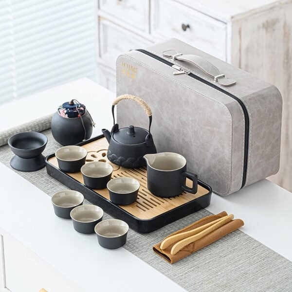 71h1TOh568L._AC_SL1500.jpg Asian tea set |Kungfu tea sets |Ceramic Portable tea set |tea sets for adult |13-piece withgrey leather case |Tea set gift for Home, Outdoor, Business (Ceramic-Black teaset)