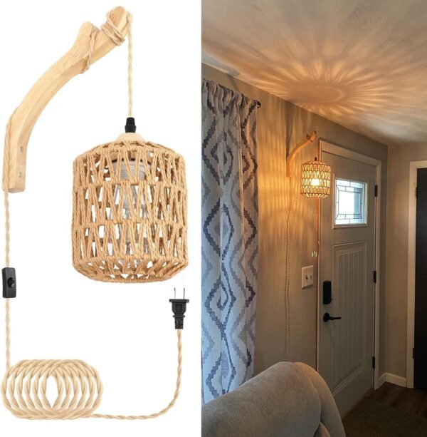 71hRR1dtaCL._AC_SL1500.jpg Frideko Bamboo Lantern Plug in Wall Sconces Wicker Wall Lamp with Plug in Cord Hand Woven Rattan Wall Light Farmhouse Rustic Wall Sconces Boho Sconces Wall Lighting for Living Room Bedroom