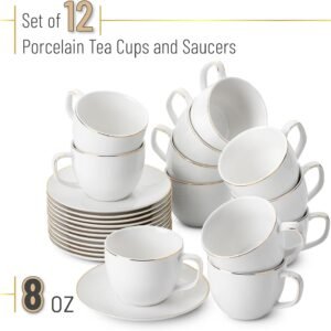 BTaT- White Tea Cups and Saucers, 8oz, Tea Cups Set of 12, Porcelain Tea Cups, White Cup & Saucer Sets, White Tea Cup Set of 12, Tea Cup Sets, Bulk Tea Cups and Saucers Set of 12, Tea Cups and Sets