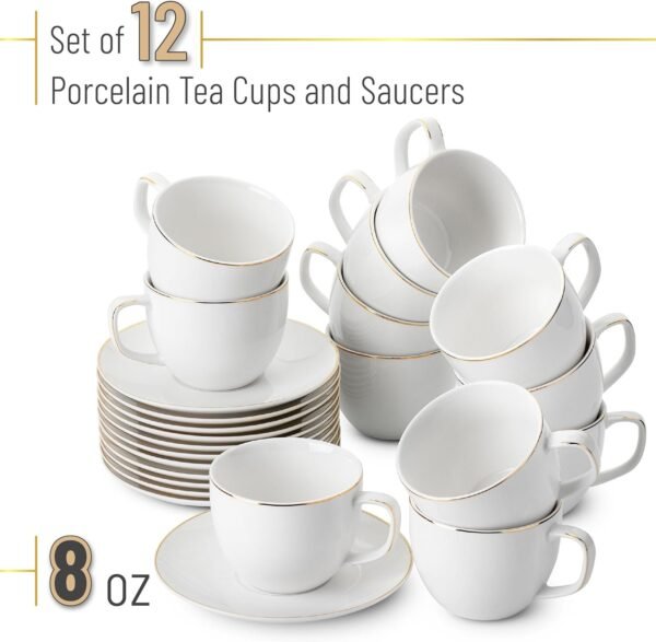 BTaT- White Tea Cups and Saucers, 8oz, Tea Cups Set of 12, Porcelain Tea Cups, White Cup & Saucer Sets, White Tea Cup Set of 12, Tea Cup Sets, Bulk Tea Cups and Saucers Set of 12, Tea Cups and Sets