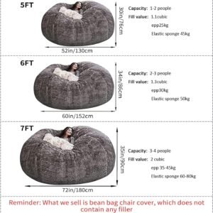 71hkFX0D2aL._AC_SL1500.jpg Giant Fur Bean Bag Chair Cover for Kids Adults, (No Filler) Living Room Furniture Big Round Soft Fluffy Faux Fur Beanbag Lazy Sofa Bed Cover (Light Grey, 5FT)