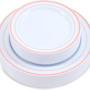 71i6pkclG-L._AC_SL1500.jpg 60-Piece Plastic Plates Set Premium 30 Dinner Plates & 30 Salad Plates Pack, Disposable Plates for Party - White Plastic Wedding Plates with Rose Gold Rim