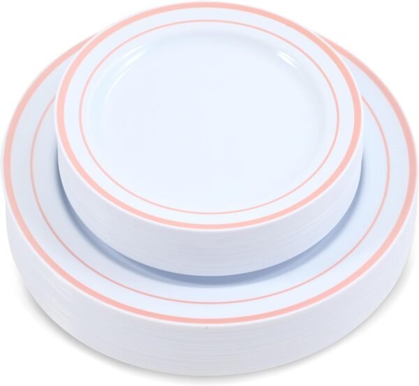 71i6pkclG-L._AC_SL1500.jpg 60-Piece Plastic Plates Set Premium 30 Dinner Plates & 30 Salad Plates Pack, Disposable Plates for Party - White Plastic Wedding Plates with Rose Gold Rim
