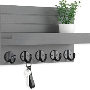 Key Holder for Wall, Decorative Key and Mail Holder with Shelf Has Large Hooks for Bags, Coats, Umbrella – Paulownia Wood Key Hanger with Mounting Hardware (9.8”W x 6.7”H x 4.2”D)