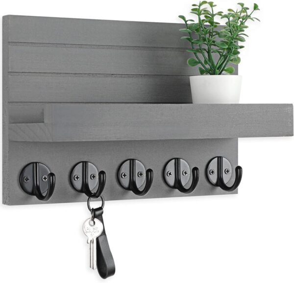 Key Holder for Wall, Decorative Key and Mail Holder with Shelf Has Large Hooks for Bags, Coats, Umbrella – Paulownia Wood Key Hanger with Mounting Hardware (9.8”W x 6.7”H x 4.2”D)