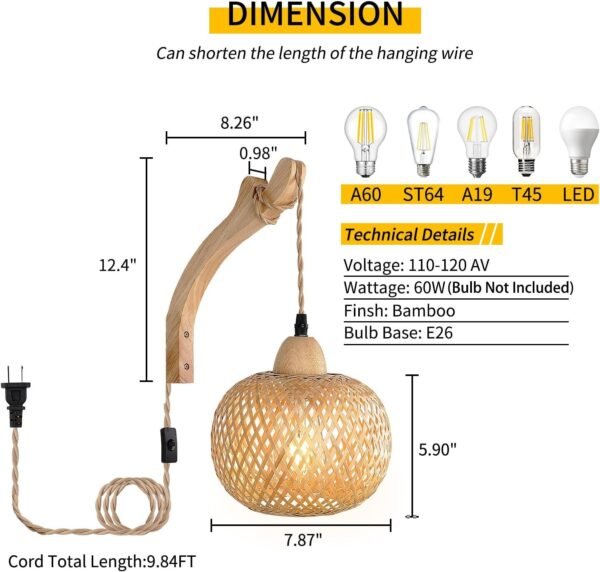 71jJ9L2tJRL._AC_SL1500.jpg Frideko Bamboo Lantern Plug in Wall Sconces Wicker Wall Lamp with Plug in Cord Hand Woven Rattan Wall Light Farmhouse Rustic Wall Sconces Boho Sconces Wall Lighting for Living Room Bedroom