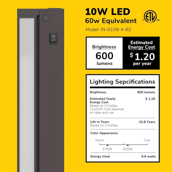GETINLIGHT Inlight 16-inch Swivel LED Under Cabinet Lighting, 2 Color Levels, 2700K/4000K, Dimmable with Wall Dimmers, Plugged-in Only, Bronze Finished, IN-0109-4-BZ