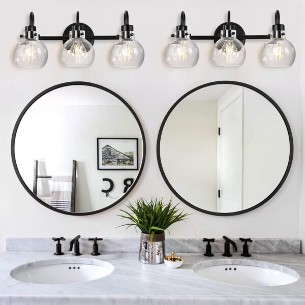 71jsIl2BzdL._AC_SL1500.jpg Bathroom Light Fixtures, Black 3 Lights Vanity Light, Farmhouse Wall Sconces with Globe Glass Shade, Porch Wall Mount Lamp for Mirror, Kitchen, Porch Living Room Workshop (E26 Base)