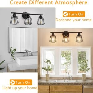 Elibbren 3-Light Bathroom Vanity Light Fixtures Over Mirror, Matte Black Bathroom Lighting Fixtures with Cage, E26 Base Farmhouse Wall Sconces for Bedroom Cabinets Living Room, UL Listed
