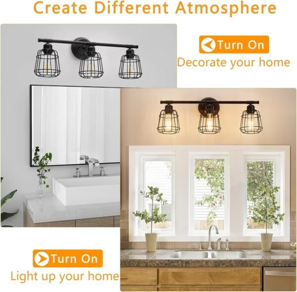 Elibbren 3-Light Bathroom Vanity Light Fixtures Over Mirror, Matte Black Bathroom Lighting Fixtures with Cage, E26 Base Farmhouse Wall Sconces for Bedroom Cabinets Living Room, UL Listed