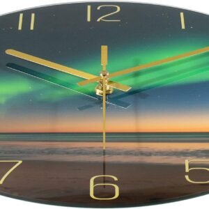 12 Inch Modern Wall Clock, Aesthetic Black and Gold Bathroom Decor Accessories, Silent Battery Operated Decorative Aurora Clocks for Living Room/Kitchen/Office/Bedroom (Glass)