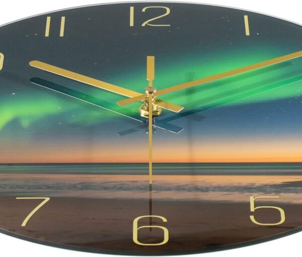 12 Inch Modern Wall Clock, Aesthetic Black and Gold Bathroom Decor Accessories, Silent Battery Operated Decorative Aurora Clocks for Living Room/Kitchen/Office/Bedroom (Glass)