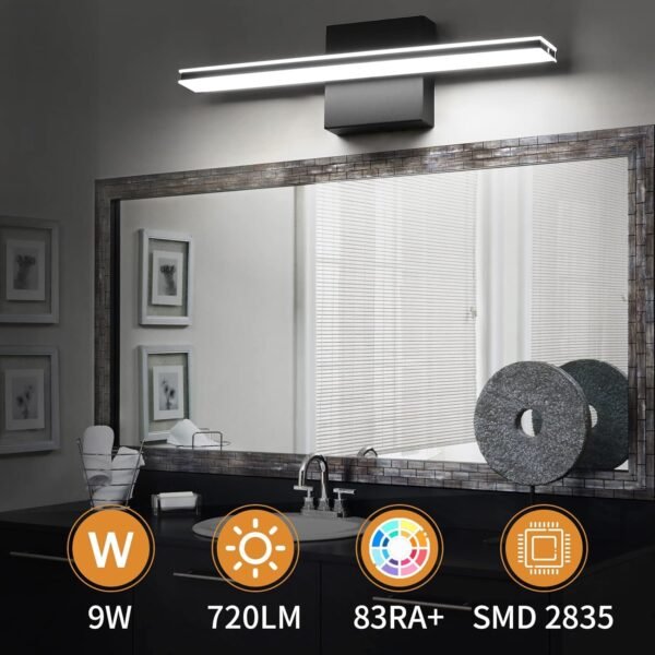 wowatt 9W Bathroom Vanity Light Fixture Matte Black Wall Light Fixture Over Mirror Cold White 5000K Bathroom Light Fixture 16" 40cm Washroom Light for Bedroom Living Room Art Display Dressing Table